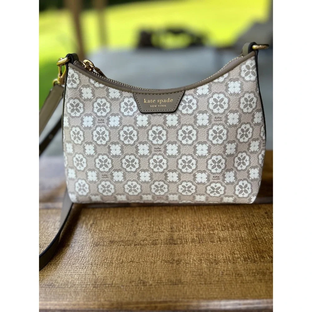 Kate Spade New York Spade Flower Monogram Tan Taupe Top Zip Crossbody Bag EUC